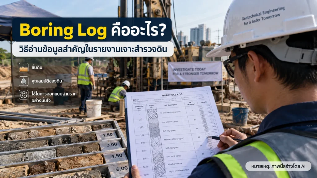วิศวกรกำลังอ่าน Boring Log พร้อมตัวอย่างดินจากงานเจาะสำรวจดิน