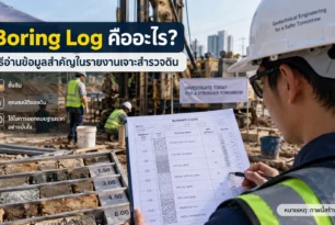 Boring Log คืออะไร? วิธีอ่านรายงานเจาะสำรวจดิน วิศวกรกำลังอ่าน Boring Log พร้อมตัวอย่างดินจากงานเจาะสำรวจดิน