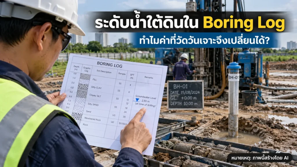 วิศวกรตรวจระดับน้ำใต้ดินใน Boring Log ที่หน้างานเจาะสำรวจดิน